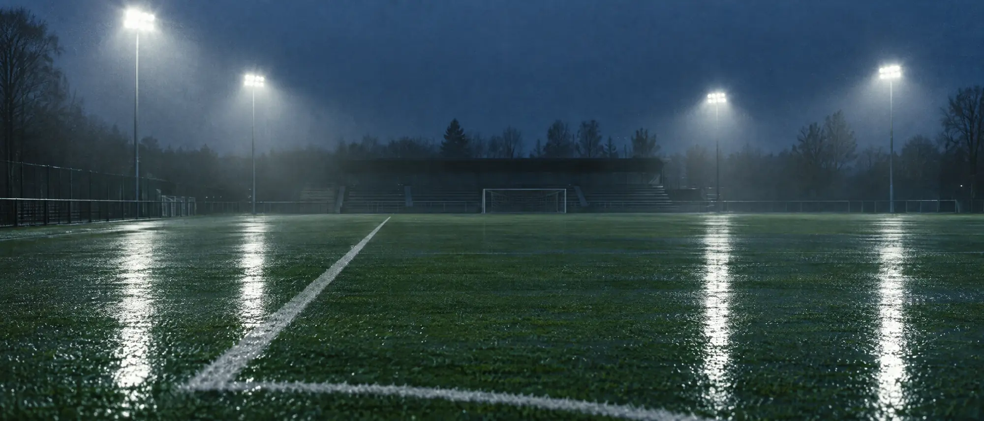Leerer, vom Flutlicht beschienener Fußballplatz bei Nacht; das nasse Grün spiegelt die Lampen.